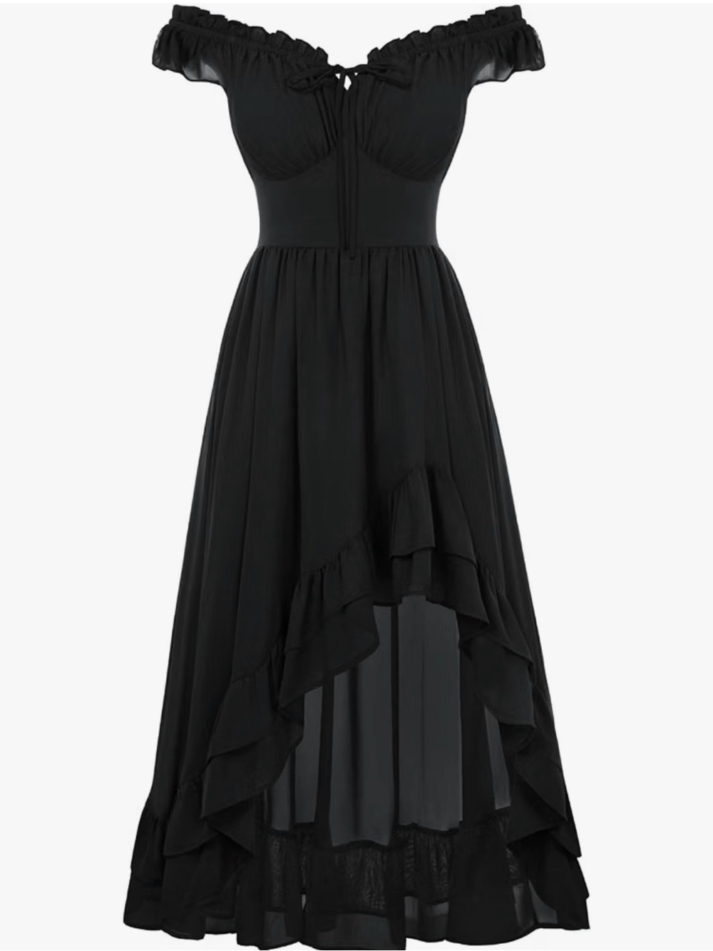 Scarlet Darkness Off-Shoulder Black High-Low Maxi Dress with Ruffle Detail